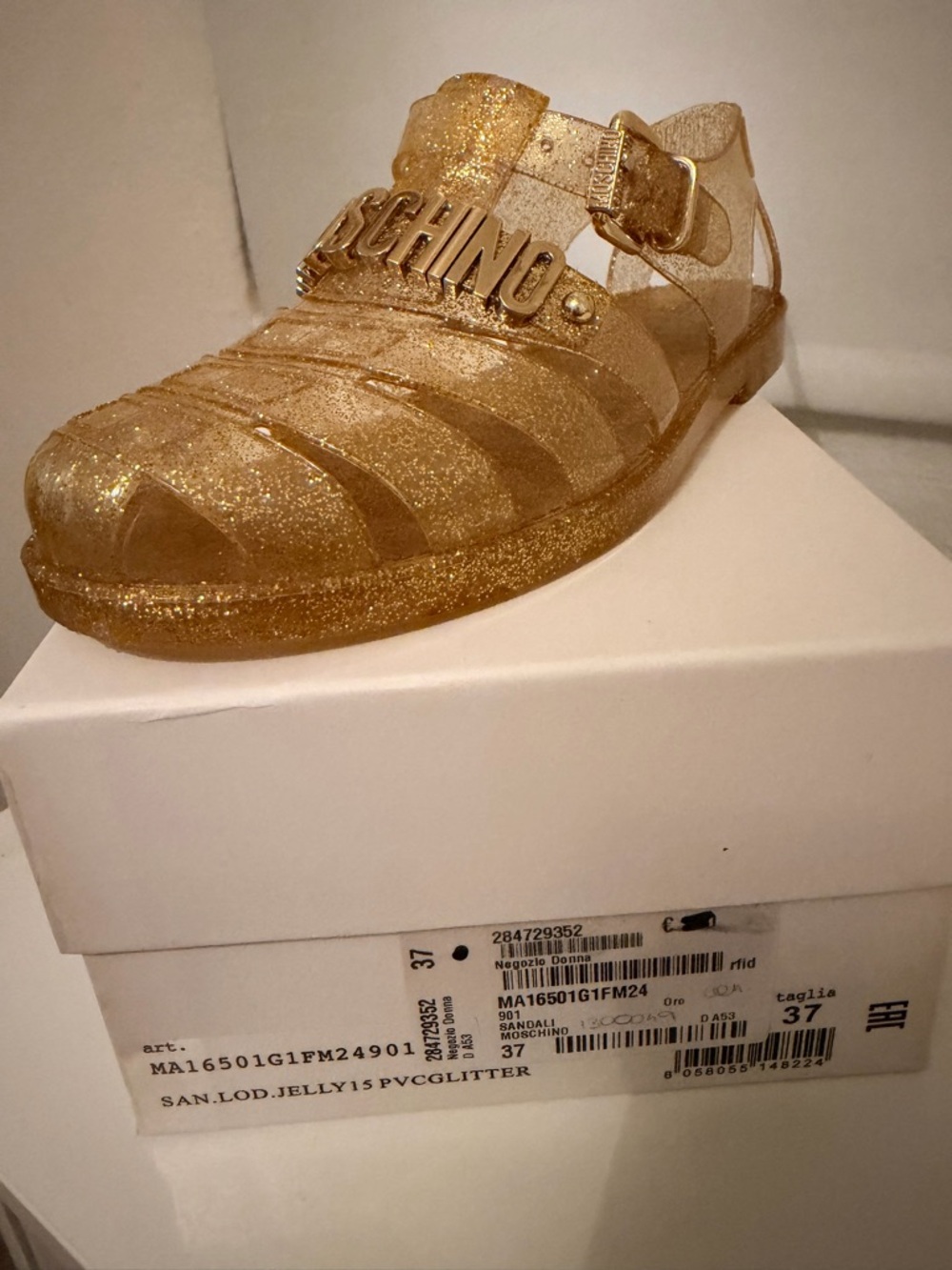 Moschino WOMEN Gold Glitter Jelly Sandals with Logo Strap - Picture 4 of 5